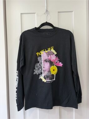 Selena Gomez Black Long Sleeve Tee with Pink & Yellow Floral Graphic